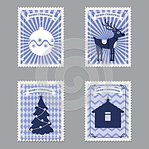 Set Merry Christmas retro postage stamps with Christmas tree, gifts, deer. Vector illustration isolated