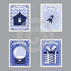 Set Merry Christmas retro postage stamps with rocket, gifts, hut and snowglobe. Vector illustration isolated