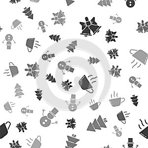 Set Merry Christmas ringing bell, Christmas tree, Coffee cup and Christmas snowman on seamless pattern. Vector