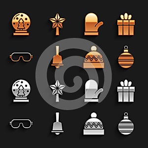 Set Merry Christmas ringing bell, Gift box, ball, Winter hat, Ski goggles, mitten, snow globe and star icon. Vector