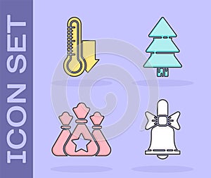 Set Merry Christmas ringing bell, Meteorology thermometer measuring, Santa Claus bag gift and Christmas tree icon