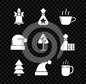 Set Merry Christmas ringing bell, Santa Claus bag gift, Coffee cup, tree, hat, and icon. Vector