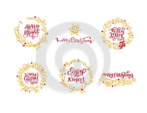 Set of Merry Christmas text and golden wreath, hand drawn lettering and Happy New Year typography design. Bundle For