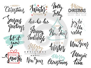 Set of Merry Christmas text, hand drawn lettering and Happy New Year typography design. For cards, invitations, posters, flyers, l