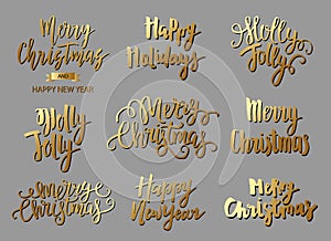 Set of Merry Christmas text, hand drawn lettering and Happy New Year typography design.