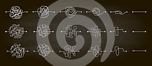 Set of messy clew symbols line of symbols with scribbled round element, consept of transition from complicated to simple, isolated