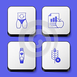 Set Metabolism, Diet plan, Smart watch with heart and Gluten free grain icon. White square button. Vector