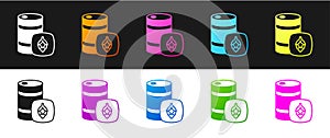 Set Metal beer keg icon isolated on black and white background. Vector