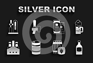 Set Metal beer keg, Wooden mug, Beer bottle, barrel, Pack of bottles, can, tap with glass and icon. Vector