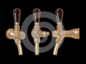 Set of metal beer taps, front, side and three quarter view. Hand drawn vector illustration isolated on black background