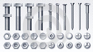 Set of metal bolt and screws