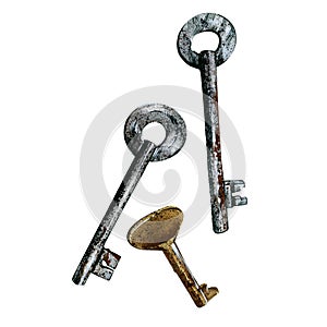 Set metal brass and iron keys isolated on white background. Watercolor hand draw realistic illustration. Art for design