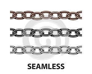 Set metal chain seamless texture. Silver color chains link isolated on white background. Rust iron chainlet solid three