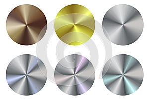 Set of metal circles. Steel buttons. Brushed textures of gold, silver and bronze. Radial metal shapes. Vector image