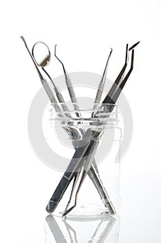 Set of metal dentist`s dental medical equipment tools