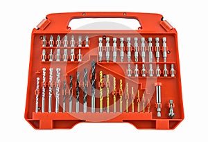 Set of metal drill bits in orange box