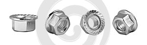 Set with metal flange nuts on white background. Banner design