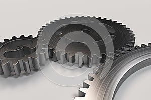 Set of metal gears and cogs on white background