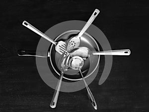 Set of metal kitchen utensils and frying pan photo