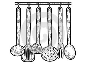 Set of metal kitchen utensils hanging on wall. Sketch scratch board imitation.
