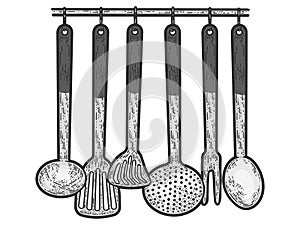 Set of metal kitchen utensils hanging on wall. Sketch scratch board imitation color.