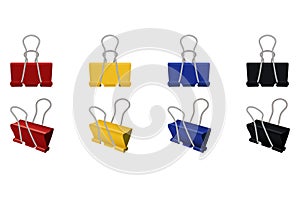 Set of Metal Looped Shape Paper clip. Red, yellow, blue and black color clips isolated on white background. Vector