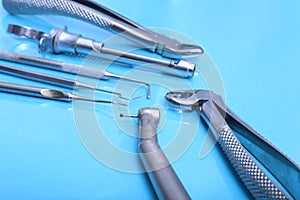 Set of metal medical equipment tools for teeth dental care