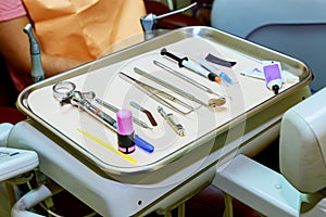 Set of metal medical equipment tools for teeth dental care