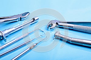 Set of metal medical equipment tools for teeth dental care