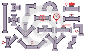 Set metal pipes. Collection icons for pipeline and water tube construction. Industrial pipe for water with a valve or gas. Factory