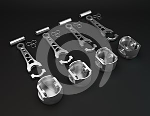 Set of metal pistons and connecting rods