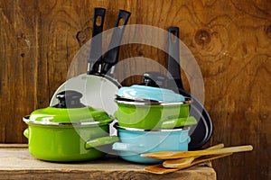 Set of metal pots cookware photo