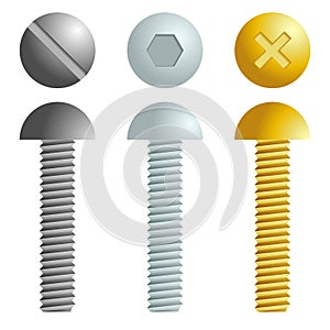 Set of metal screws, bolts icons.
