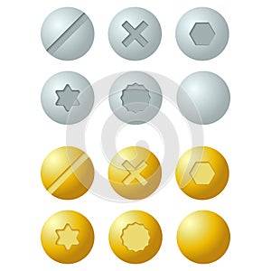 Set of metal screws, bolts icons.