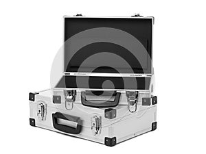 Set of metal suitcases of different sizes isolated on white background