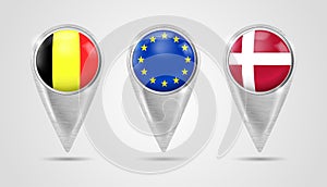 Set of metall pointers for a map with the national Europe flags in the button. GPS location symbol. Map pointer icon. Navigation