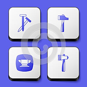 Set Metallic nails, Hammer, Blacksmith anvil tool and icon. White square button. Vector