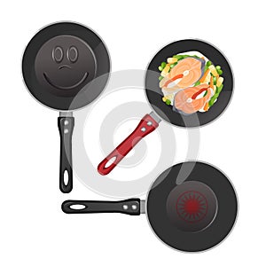 Set of metallic pans with food sketch icons.