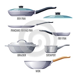 Set of metallic pans and kitchen utensils sketchy icons