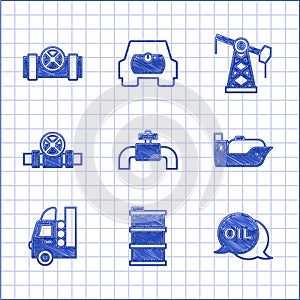 Set Metallic pipes and valve, Barrel oil, Word, Oil tanker ship, Gas for vehicle, pump pump jack and icon. Vector