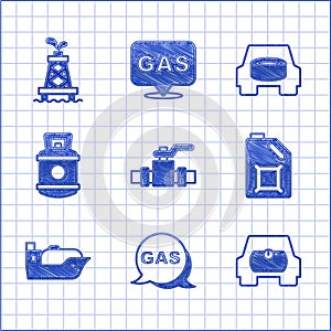 Set Metallic pipes and valve, Location gas station, Gas tank for vehicle, Canister motor oil, Oil tanker ship, Propane