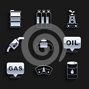 Set Metallic pipes and valve, Motor gas gauge, Barrel oil, Word, Location station, Gasoline pump nozzle, Oil rig and