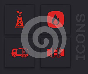 Set Metallic pipes and valve, Oil rig, Fire flame and Tanker truck icon. Vector