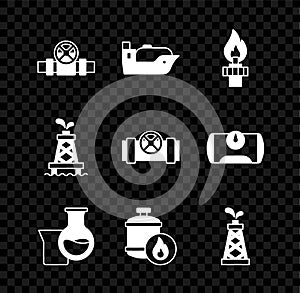 Set Metallic pipes and valve, Oil tanker ship, rig with fire, petrol test tube, Propane gas, and icon. Vector