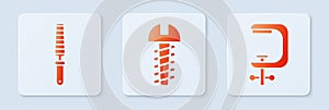 Set Metallic screw, Chisel tool for wood and Clamp and screw tool. White square button. Vector