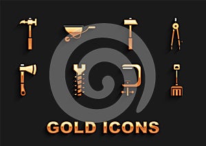 Set Metallic screw, Drawing compass, Snow shovel, Clamp and tool, Wooden axe, Hammer, Claw hammer and Wheelbarrow icon