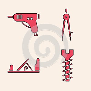Set Metallic screw, Electric hot glue gun, Drawing compass and Wood plane tool icon. Vector