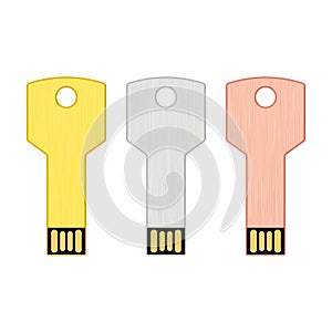 Set of metallic USB key flash drive isolated