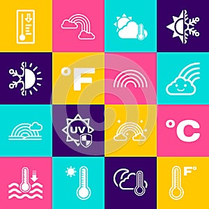 Set Meteorology thermometer, Celsius, Rainbow with cloud, Thermometer and cloud, sun, Fahrenheit, Sun snowflake, and