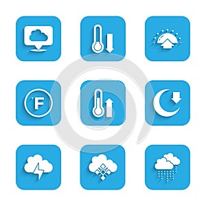 Set Meteorology thermometer, Cloud with snow, rain, Moon, Storm, Fahrenheit, Sunrise and Location cloud icon. Vector